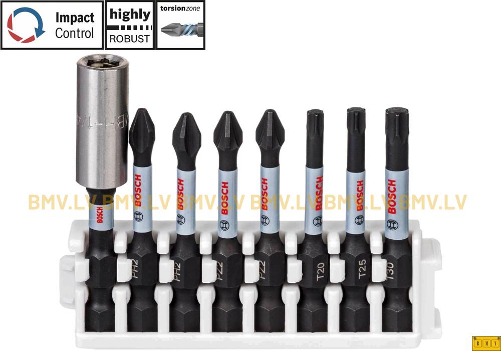 8-daļīgs komplekts skrūvēšanai Bosch Impact Control PH/PZ/Torx 50mm + magnētiskais turētājs