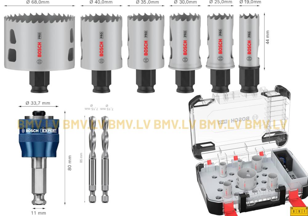 9-daļīgs Bosch PRO Multi Material kroņurbju komplekts 19, 25, 30, 35, 40, 68 mm + adapteris un 2 centrurbji
