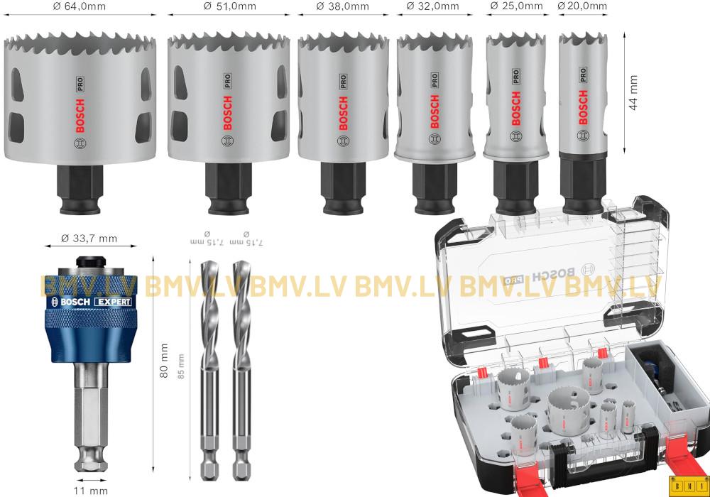 9-daļīgs Bosch Progressor Bi-Metall-HSS kroņurbju komplekts 20, 25, 32, 38, 51, 64 mm + adapteris un 2 centrurbji