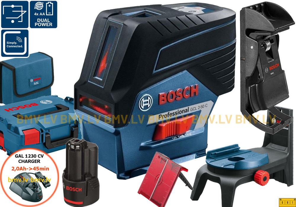 Kruststaru lāzerlīmeņradis Bosch GCL 2-50 C (ar RM 2 + BM 3 clamp + GBA 12V 2,0Ah + GAL 12V-40 + L-Boxx)