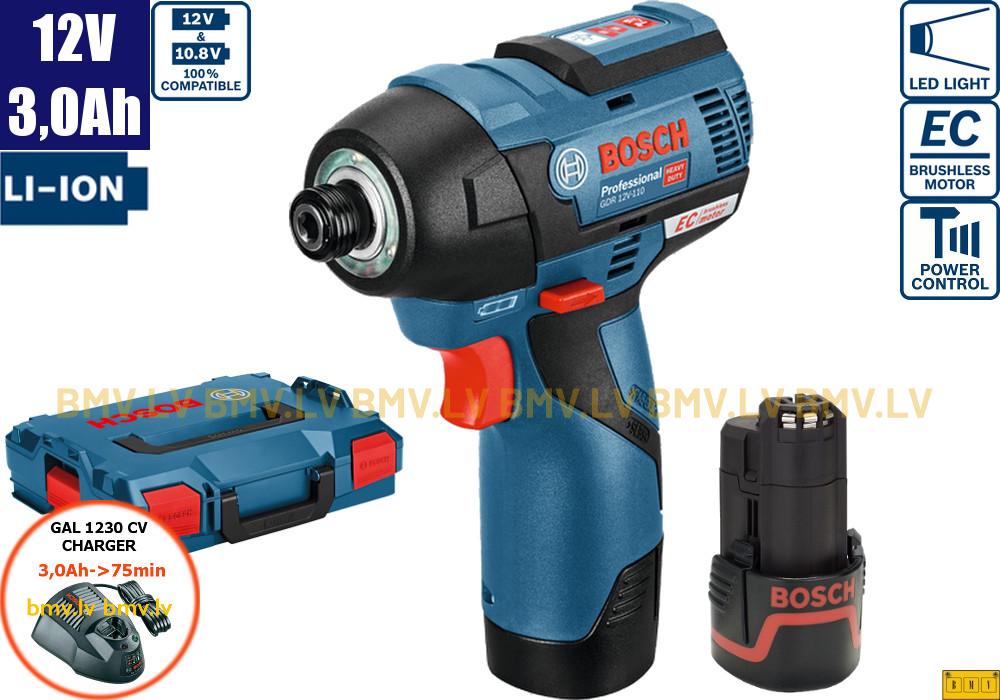 Impulsa skrūvgriezis 1/4" Bosch GDR 12V-110 (2x3,0Ah, GAL 12V-40, L-Boxx)