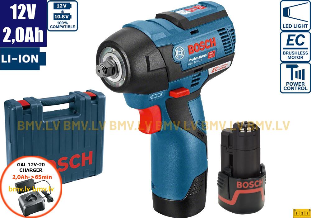 Impulsa skrūvgriezis 3/8" Bosch GDS 12V-115 (2x2,0Ah, GAL 12V-20, case)