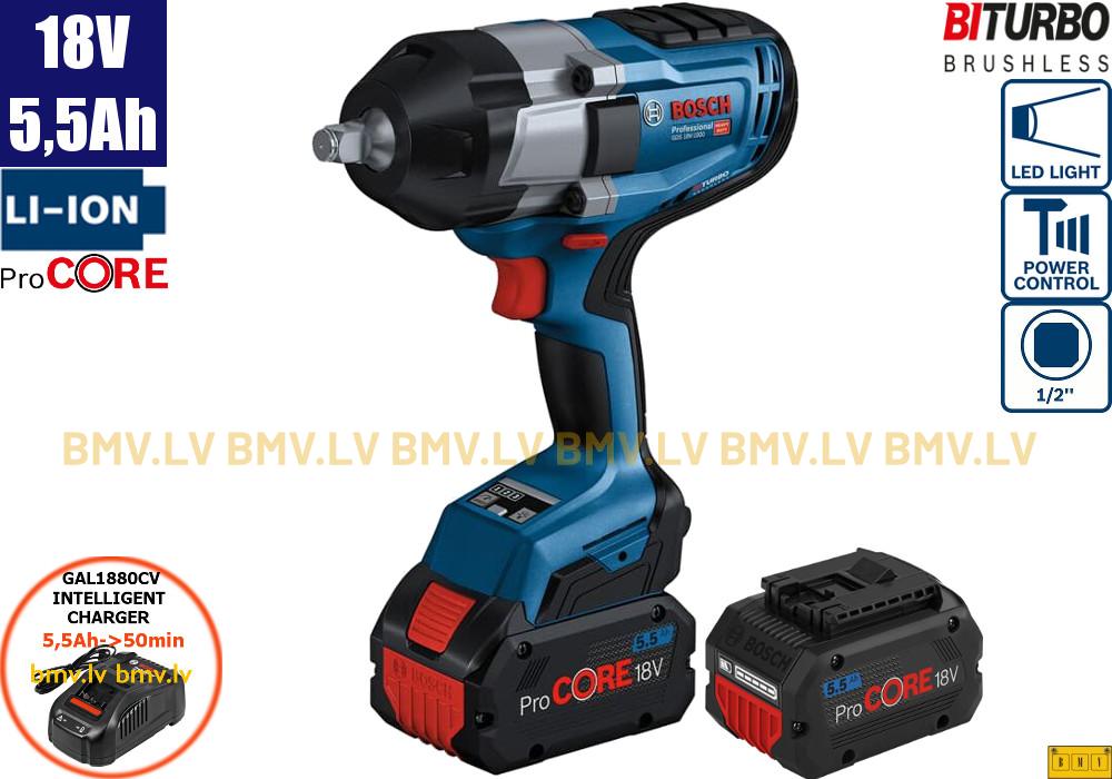 Impulsa uzgriežņatslēga Bosch GDS 18V-1000 (2x5,5Ah (Procore), GAL 1880 CV, L-Boxx)