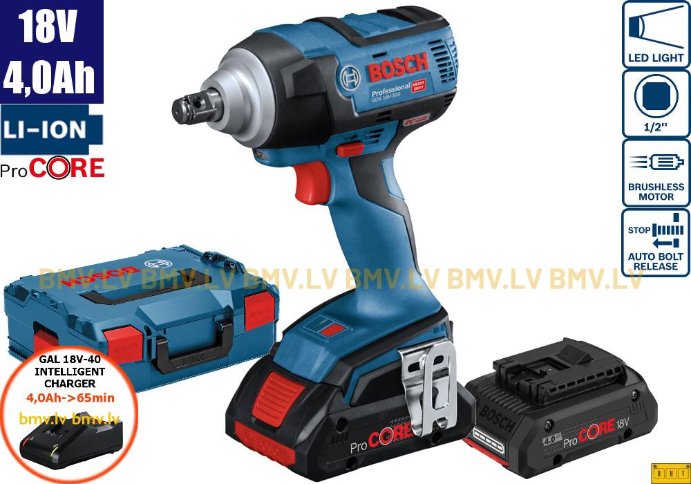 Impulsa uzgriežņatslēga Bosch GDS 18V-300 (2x4,0Ah (Procore), GAL 18V-40, L-Boxx)