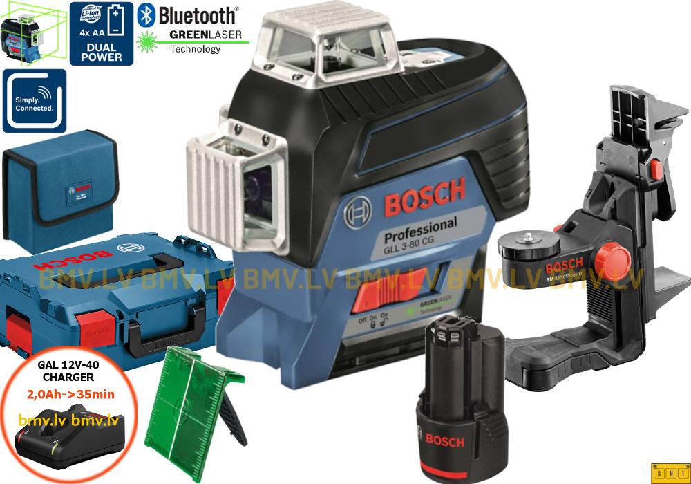 Trīsstaru lāzerlīmeņradis Bosch GLL 3-80 CG (ar BM 1 + clamp + GAL 12V-40 + GBA 12V 2,0Ah + L-Boxx)