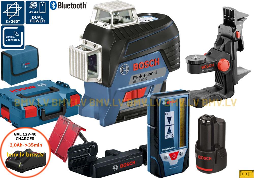 Trīsstaru lāzerlīmeņradis Bosch GLL 3-80 C (ar BM 1 + clamp + GAL 12V-40 + GBA 12V 2,0Ah + LR 7 + clamp + L-Boxx)