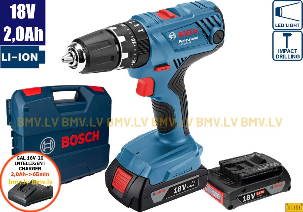 Triecienurbjmašīna/Skrūvgriezis Bosch GSB 18V-21 (2x2,0Ah, GAL 18V-20, L-Case)