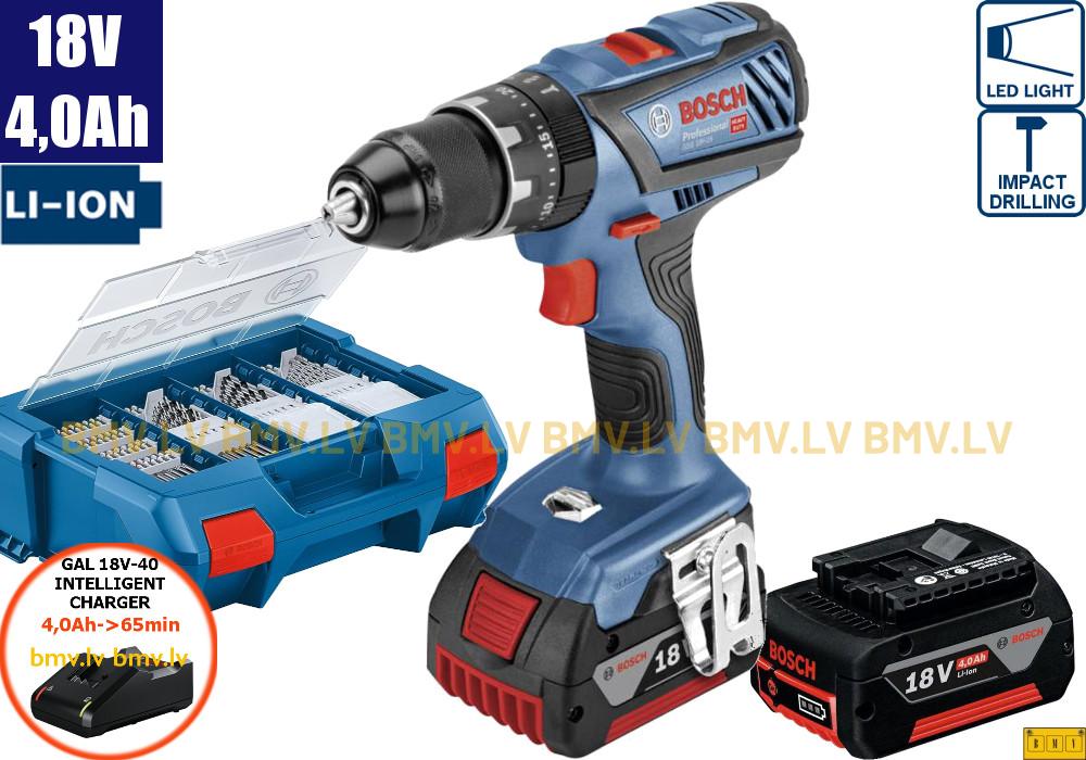 Triecienurbjmašīna/Skrūvgriezis Bosch GSB 18V-28 (2x4,0Ah, GAL 18V-40, L-Case Pick&Click) ar 82 aksesuāriem