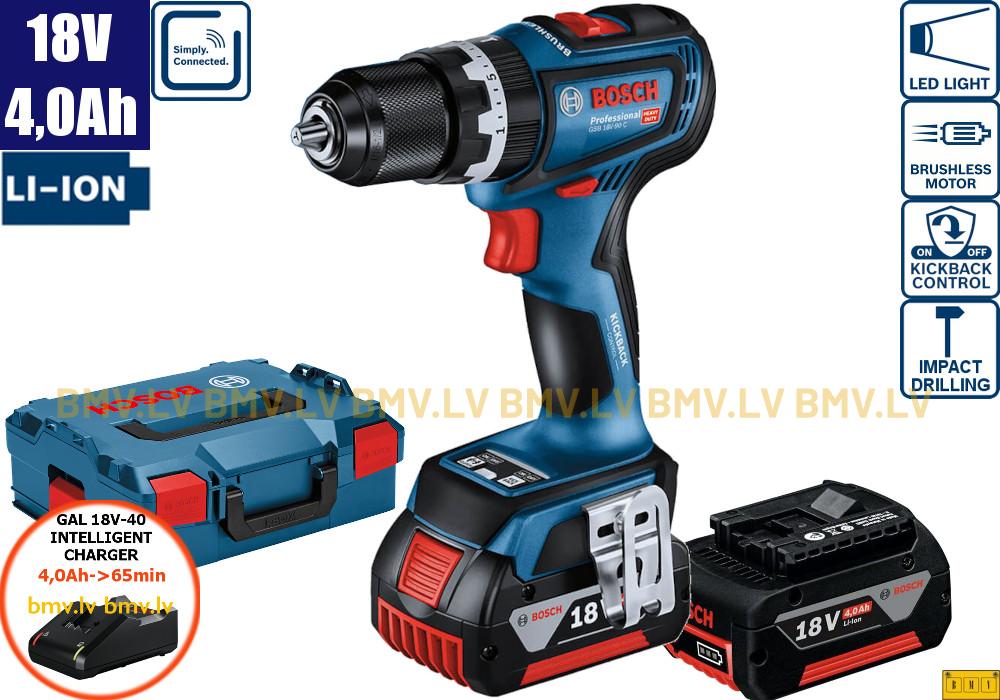 Triecienurbjmašīna/Skrūvgriezis Bosch GSB 18V-90 C (2x4,0Ah, GAL 18V-40, L-Boxx)