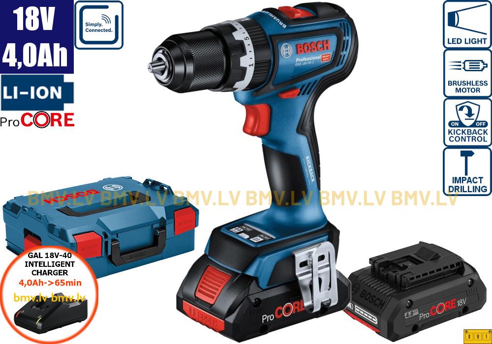 Triecienurbjmašīna/Skrūvgriezis Bosch GSB 18V-90 C (2x4,0Ah (Procore), GAL 18V-40, L-Boxx)