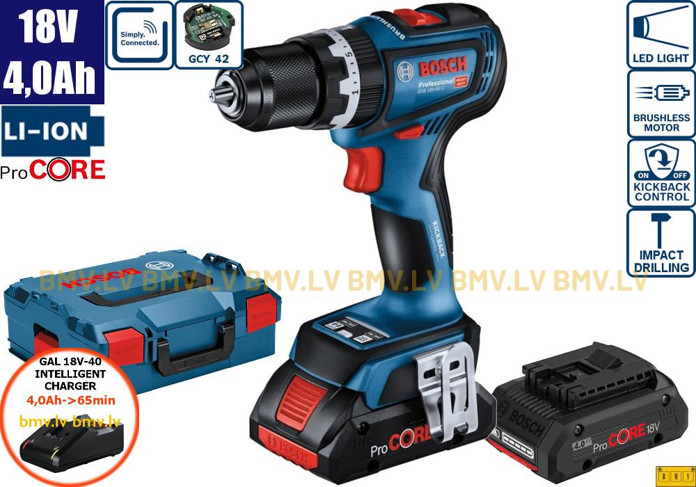 Triecienurbjmašīna/Skrūvgriezis Bosch GSB 18V-90 C (2x4,0Ah (Procore), GAL 18V-40, L-Boxx, GCY)