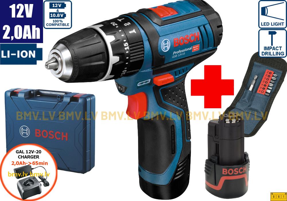 Triecienurbjmašīna/Skrūvgriezis Bosch GSB 12V-15 (2x2,0Ah, GAL 12V-20, X-case) + 10 uzgaļu komplekts