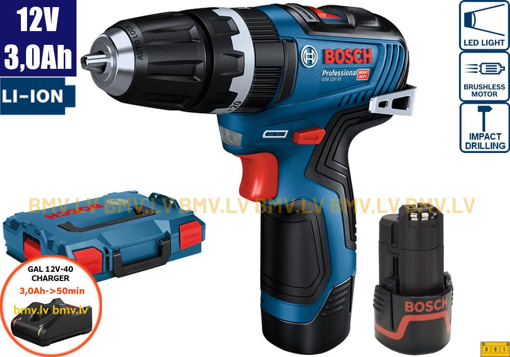 Triecienurbjmašīna/Skrūvgriezis Bosch GSB 12V-35 (2x3,0Ah, GAL 12V-40, L-Boxx)