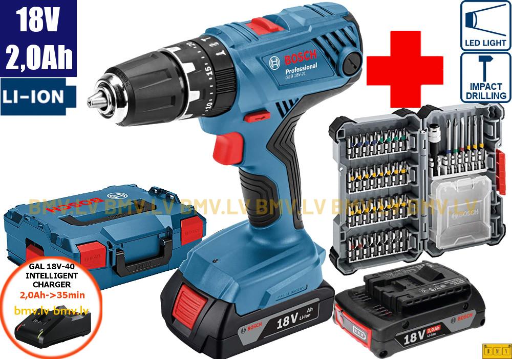 Triecienurbjmašīna/Skrūvgriezis Bosch GSB 18V-21 (2x2,0Ah, GAL 18V-20, L-Boxx) + 40 uzgaļu komplekts