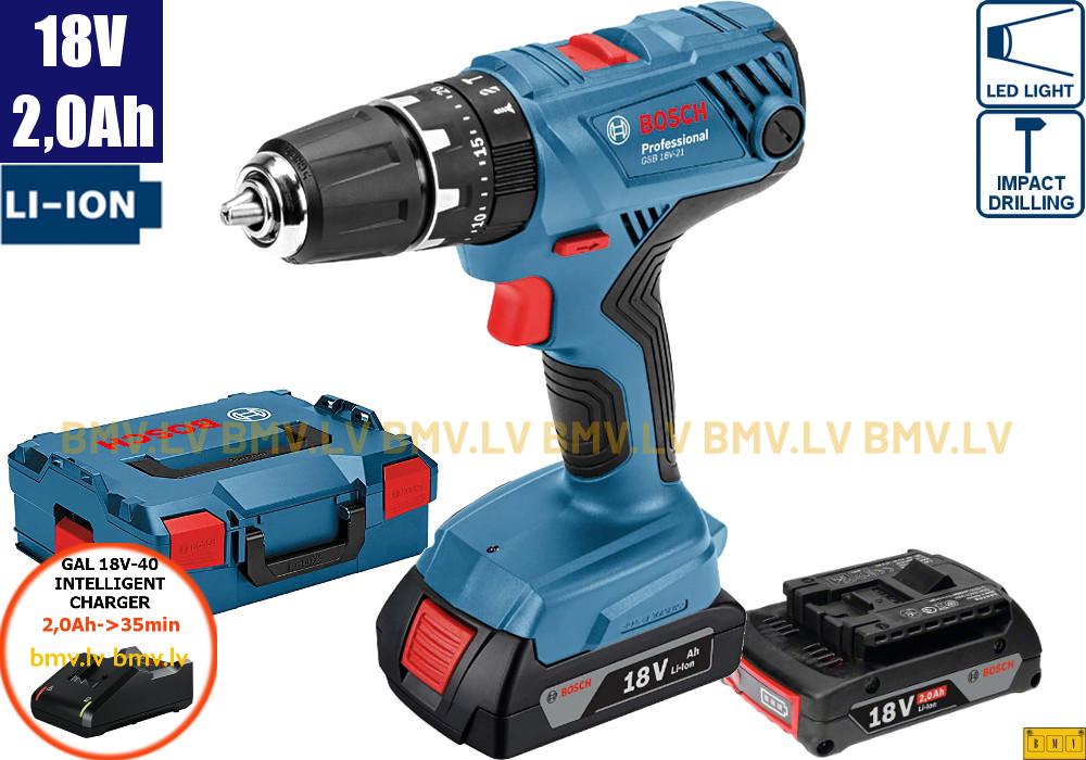 Triecienurbjmašīna/Skrūvgriezis Bosch GSB 18V-21 (2x2,0Ah, GAL 18V-40, L-Boxx)