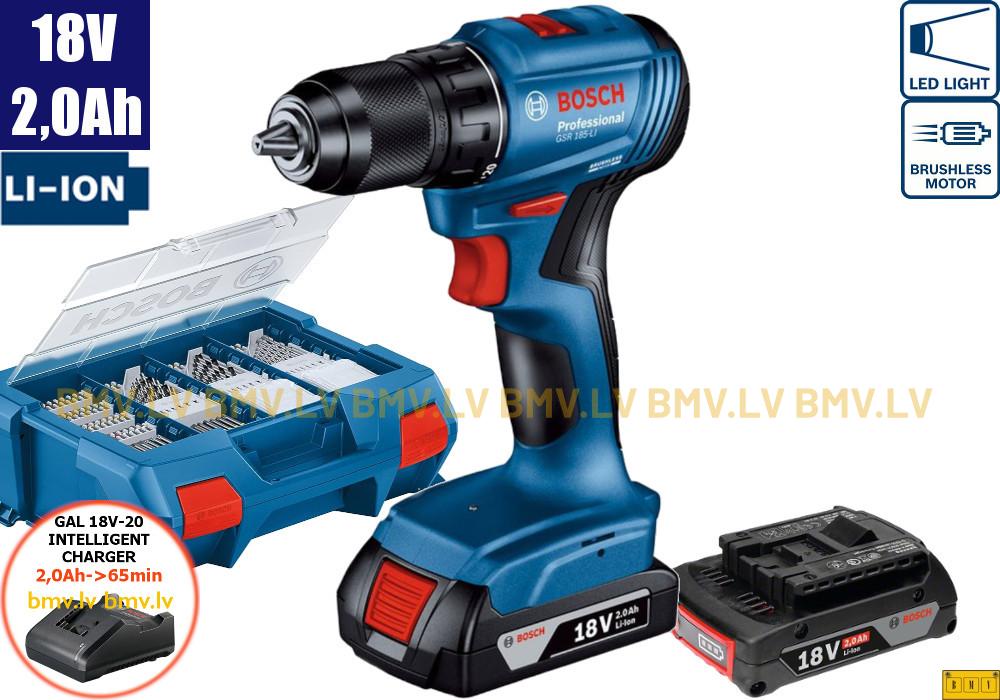Urbjmašīna/Skrūvgriezis Bosch GSR 185-Li (2x2,0Ah, GAL 18V-20, L-case) + Pick and Click urbju un uzgaļu komplekts