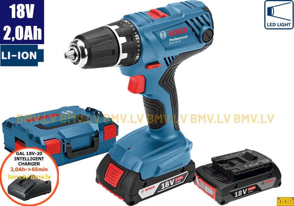 Urbjmašīna/Skrūvgriezis Bosch GSR 18V-21 (2x2,0Ah, GAL 18V-20, L-Boxx)