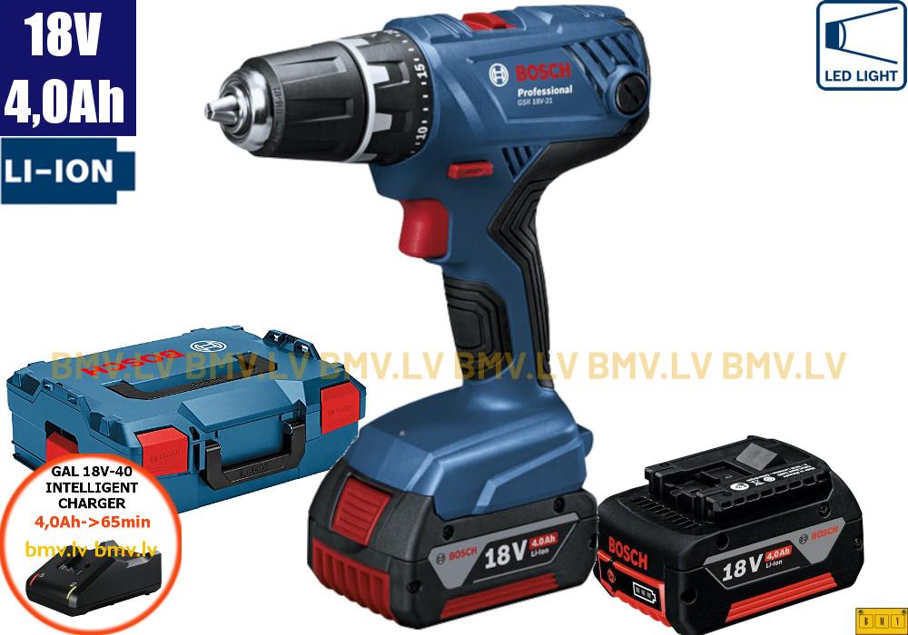 Urbjmašīna/Skrūvgriezis Bosch GSR 18V-21 (2x4,0Ah, GAL 18V-40, L-Boxx)