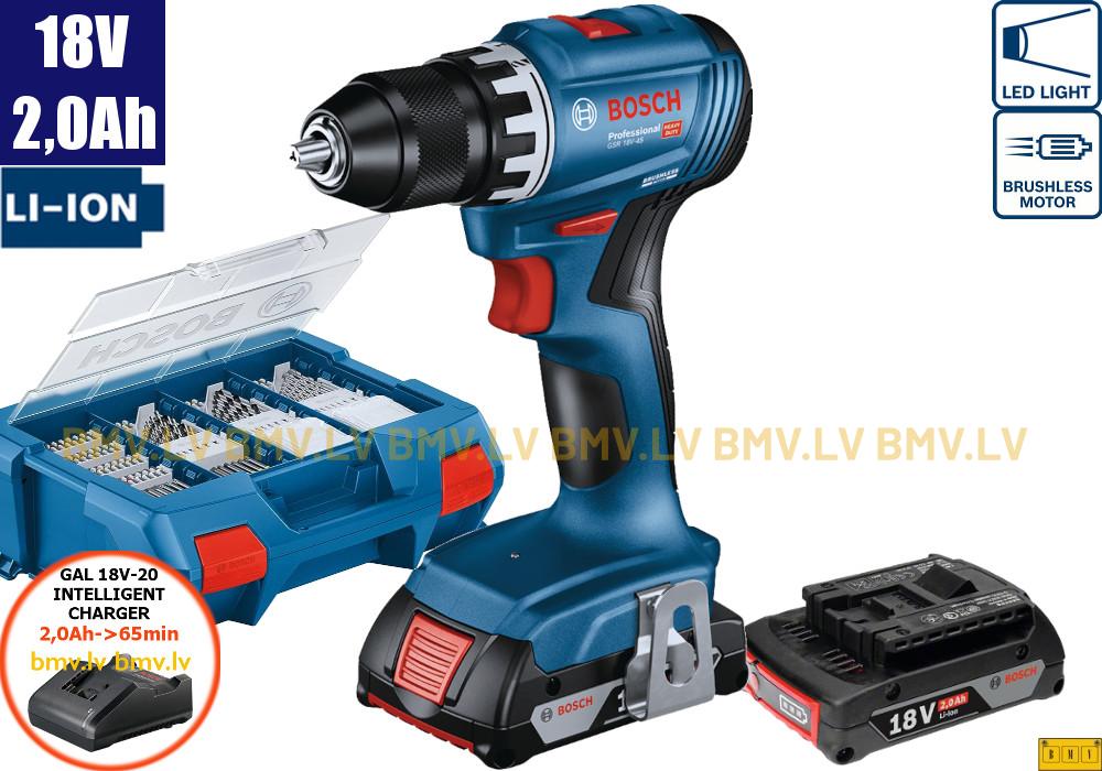 Urbjmašīna/Skrūvgriezis Bosch GSR 18V-45 (2x2,0Ah, GAL 18V-20, L-Case Pick&Click) ar 82 aksesuāriem