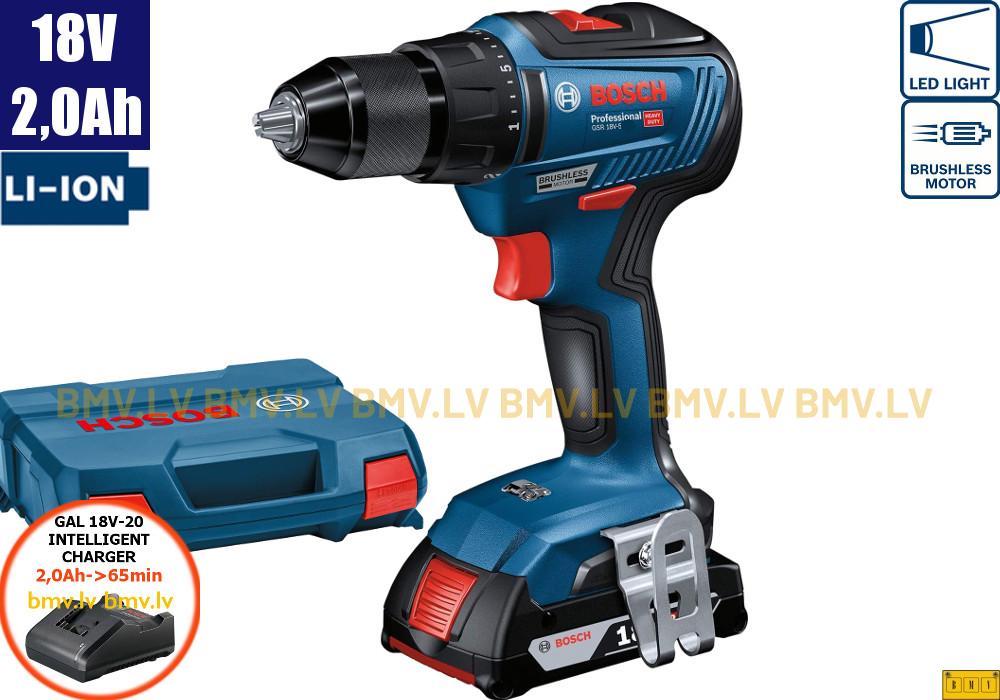 Urbjmašīna/Skrūvgriezis Bosch GSR 18V-50 (1x2,0Ah, GAL 18V-20, L-case)