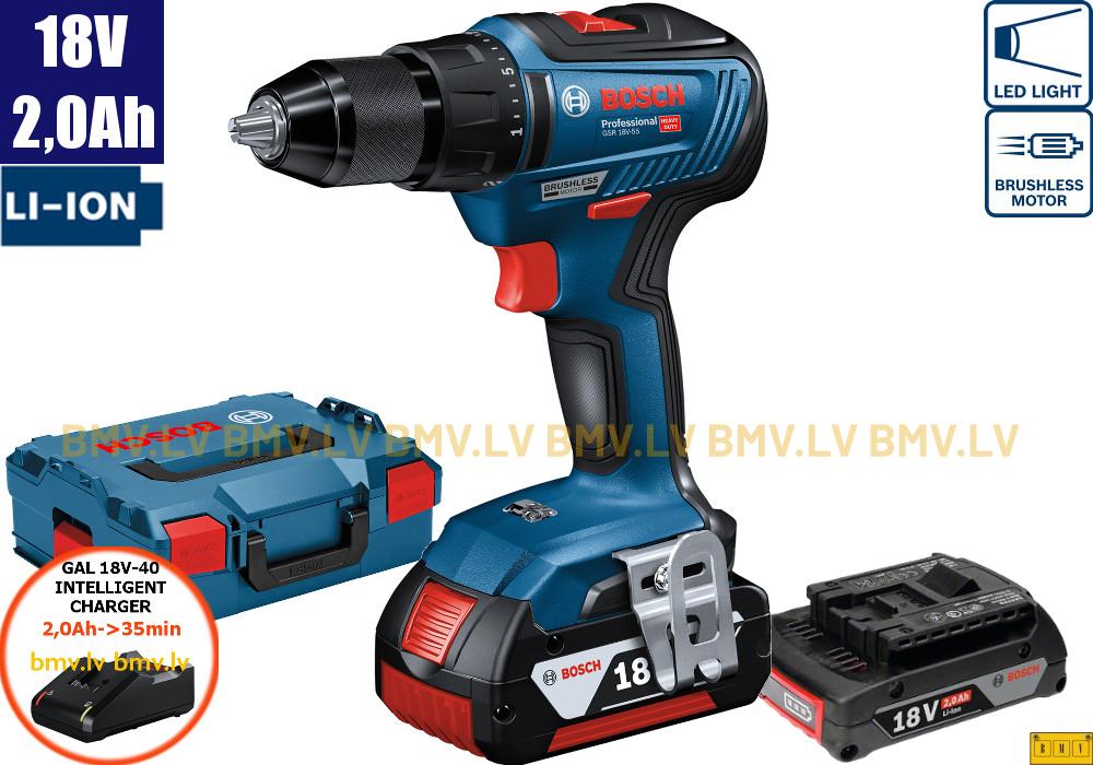 Urbjmašīna/Skrūvgriezis Bosch GSR 18V-55 (2x2,0Ah, GAL 18V-40, L-Boxx)