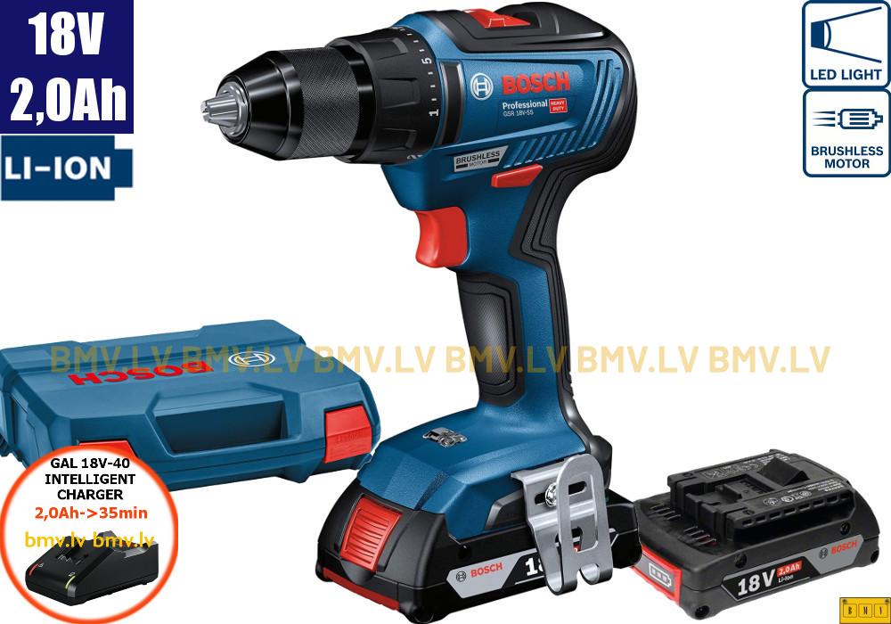 Urbjmašīna/Skrūvgriezis Bosch GSR 18V-55 (2x2,0Ah, GAL 18V-40, L-Case)