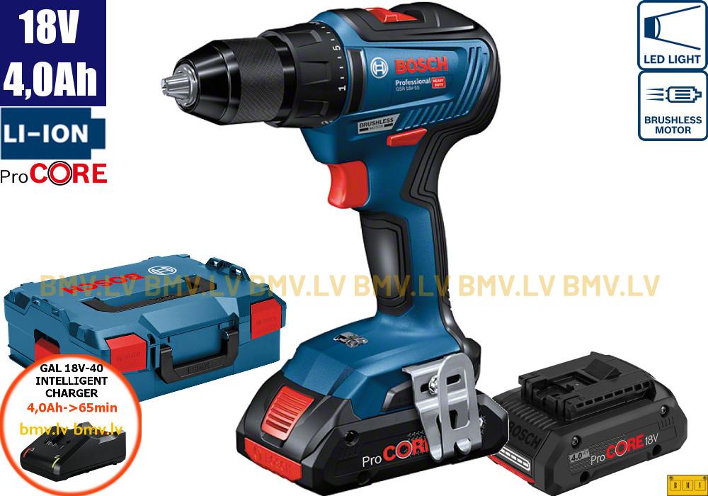 Urbjmašīna/Skrūvgriezis Bosch GSR 18V-55 (2x4,0Ah (Procore), GAL 18V-40, L-Boxx)