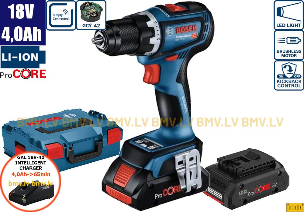 Urbjmašīna/Skrūvgriezis Bosch GSR 18V-90 C (2x4,0Ah (Procore), GAL 18V-40, L-Boxx, GCY)