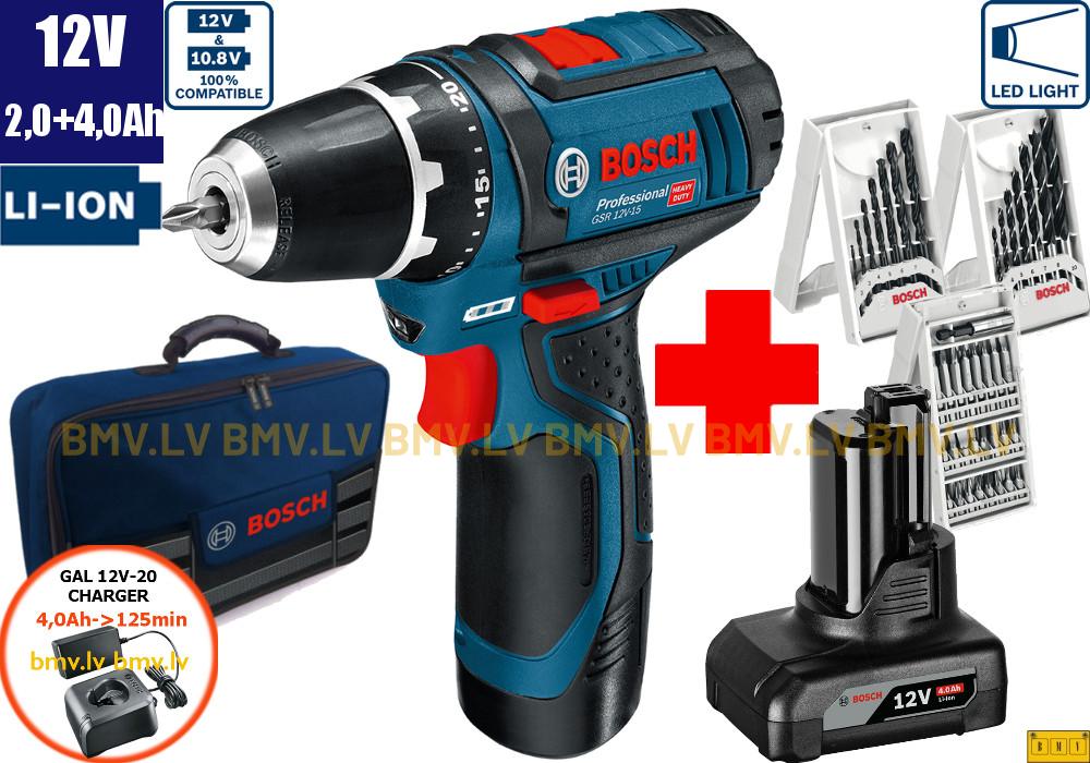 Urbjmašīna/Skrūvgriezis Bosch GSR 12V-15 (1x2,0+1x4,0 Ah, GAL 12V-20, bag) + 3 urbju un uzgaļu komplekti