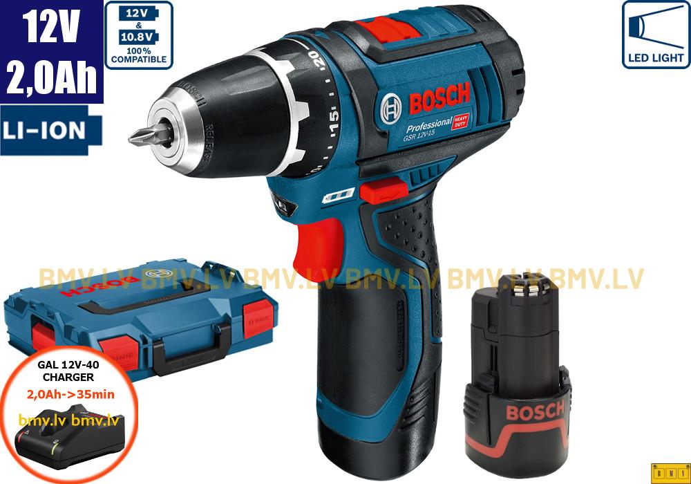 Urbjmašīna/Skrūvgriezis Bosch GSR 12V-15 (2x2,0Ah, GAL 12V-40, L-Boxx)