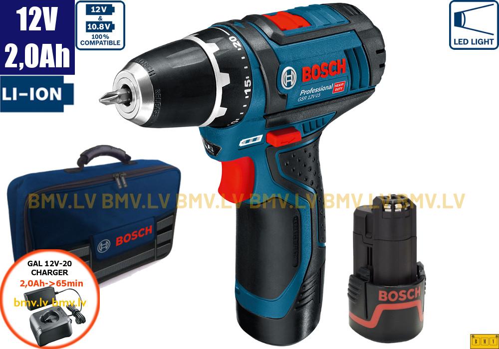 Urbjmašīna/Skrūvgriezis Bosch GSR 12V-15 (2x2,0Ah, GAL 12V-20, bag)