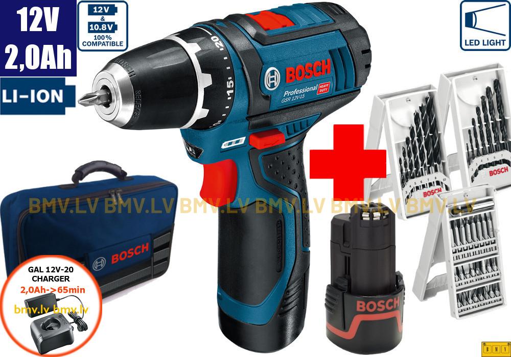 Urbjmašīna/Skrūvgriezis Bosch GSR 12V-15 (2x2,0Ah, GAL 12V-20, bag) + 3 urbju un uzgaļu komplekti