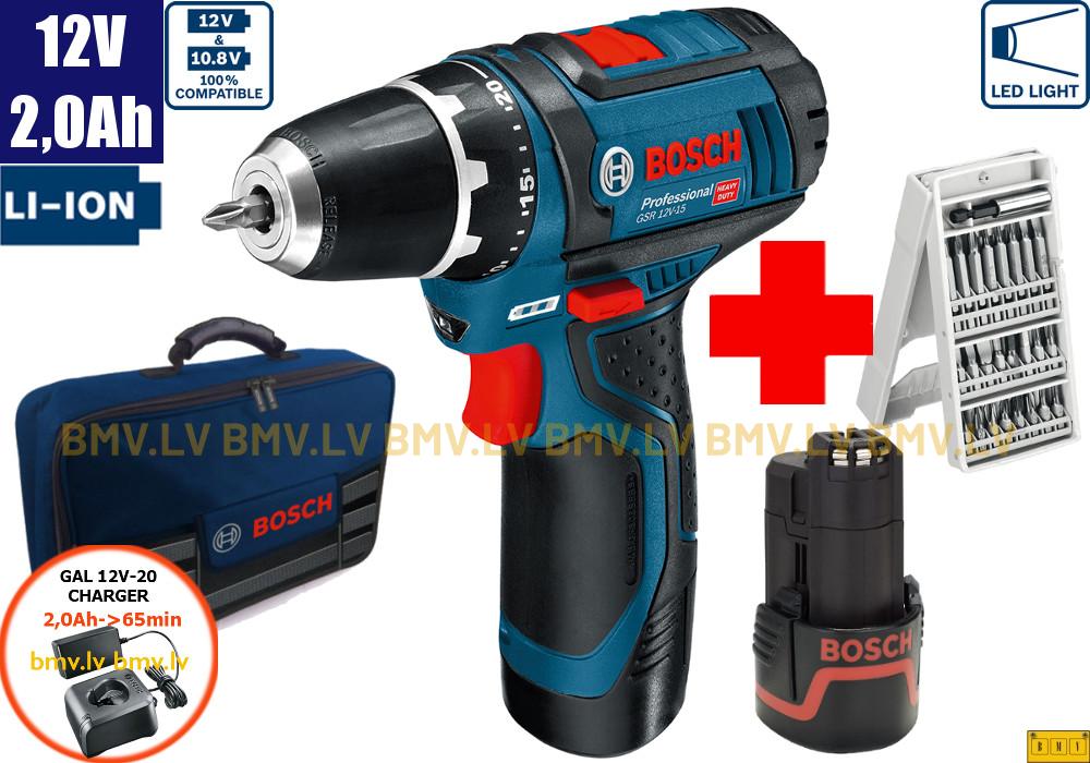 Urbjmašīna/Skrūvgriezis Bosch GSR 12V-15 (2x2,0Ah, GAL 12V-20, bag) + 25 uzgaļu komplekts