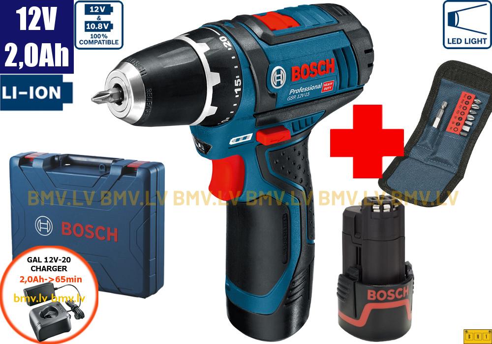 Urbjmašīna/Skrūvgriezis Bosch GSR 12V-15 (2x2,0Ah, GAL 12V-20, X-case) + 10 uzgaļu komplekts