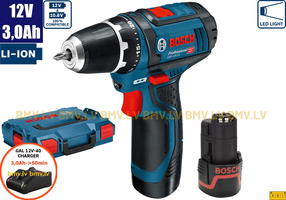 Urbjmašīna/Skrūvgriezis Bosch GSR 12V-15 (2x3,0Ah, GAL 12V-40, L-Boxx)