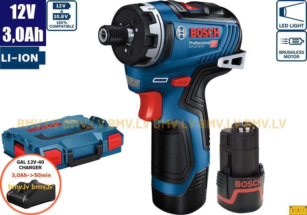 Skrūvgriezis Bosch GSR 12V-35 HX (2x3,0Ah, GAL 12V-40, L-Boxx)