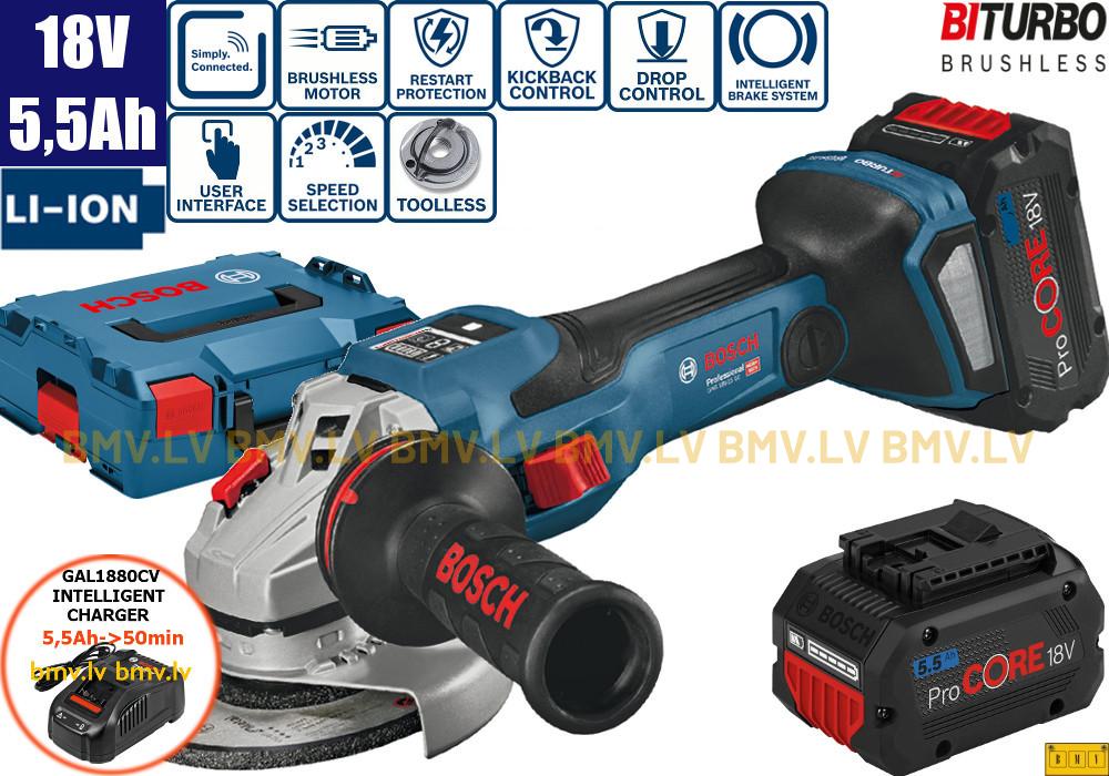 Leņķa slīpmašīna Bosch GWS 18V-15 SC (2x5,5Ah, GAL 1880 CV, L-Boxx)