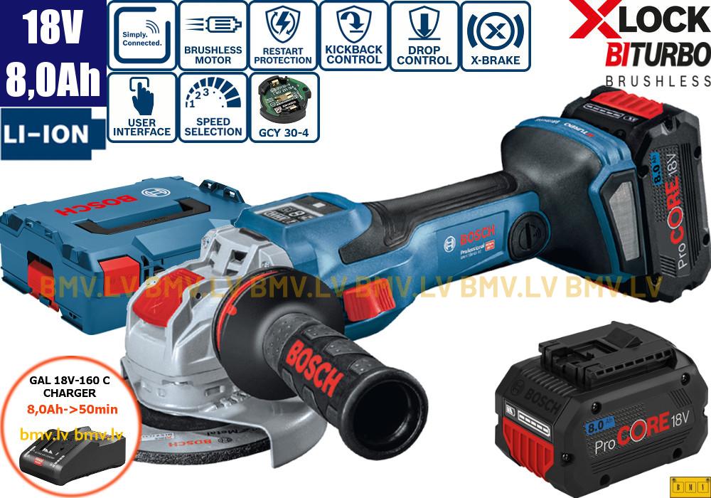 Leņķa slīpmašīna Bosch GWX 18V-15 SC (2x8,0Ah, GAL 18V-160 C, L-Boxx, GCY)