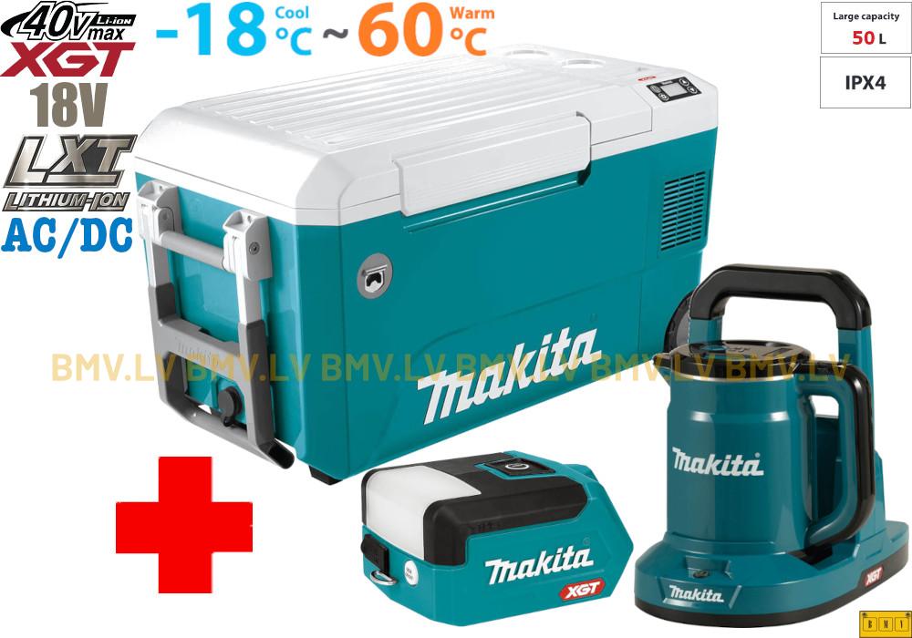 Akumulatora ledusskapis ar sildīšanas funkciju 50L Makita CW002GZ + tējkanna KT001GZ + lukturis ML011G