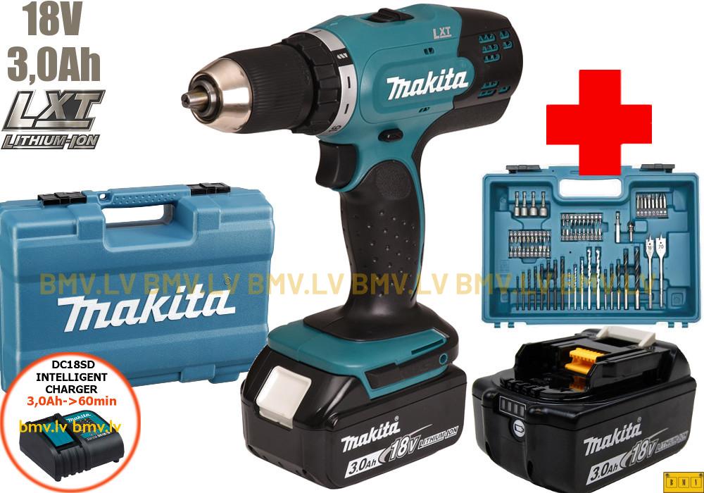 Urbjmašīna/Skrūvgriezis Makita DDF453SFX1 18V (2x3,0Ah) + 74 piederumu komplekts