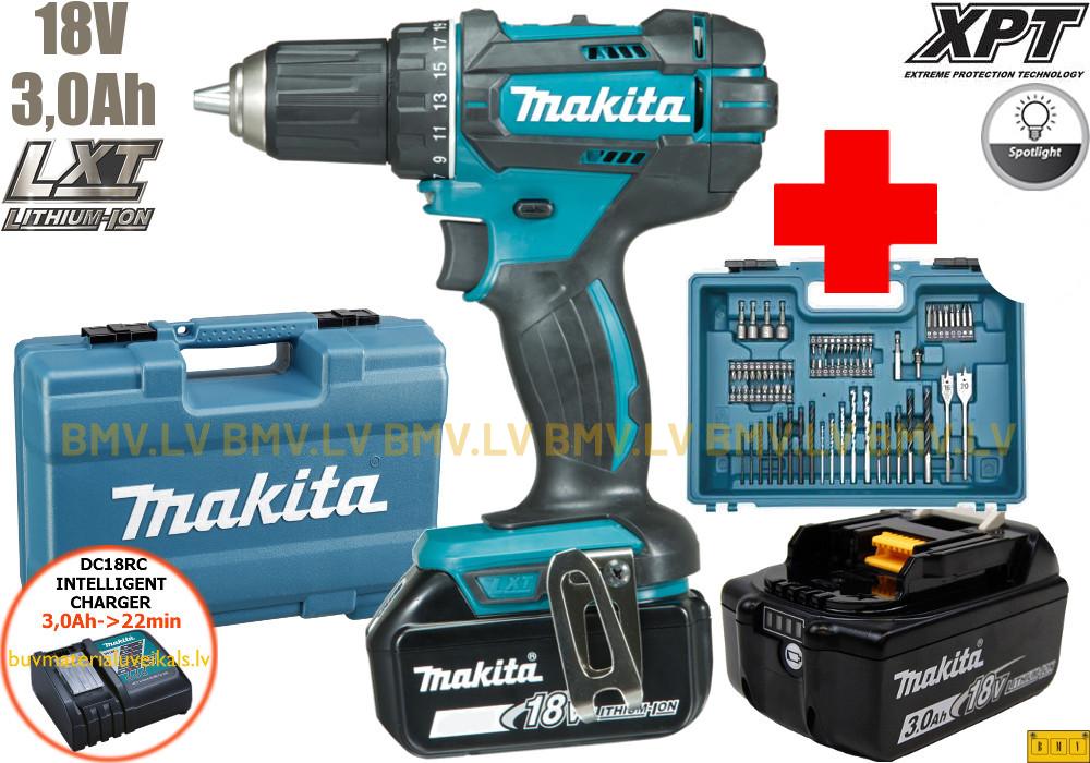 Urbjmašīna/Skrūvgriezis Makita DDF482RFX1 18V (2x3,0Ah) + 74 piederumu komplekts