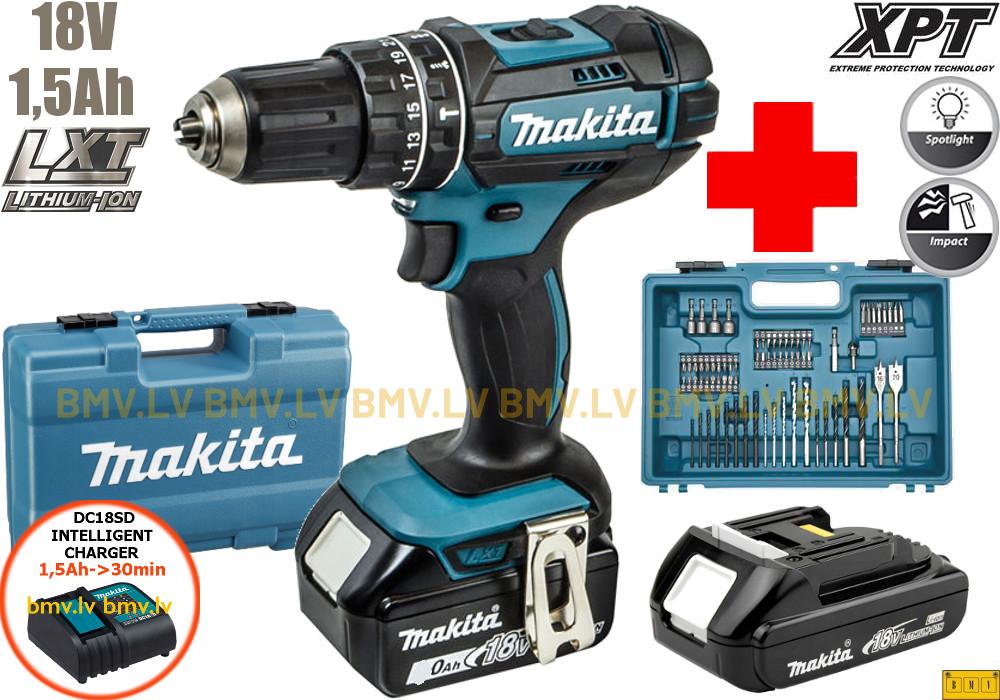 Triecienurbjmašīna/Skrūvgriezis Makita DHP482SYX1 18V (2x1,5Ah) + 74 piederumu komplekts