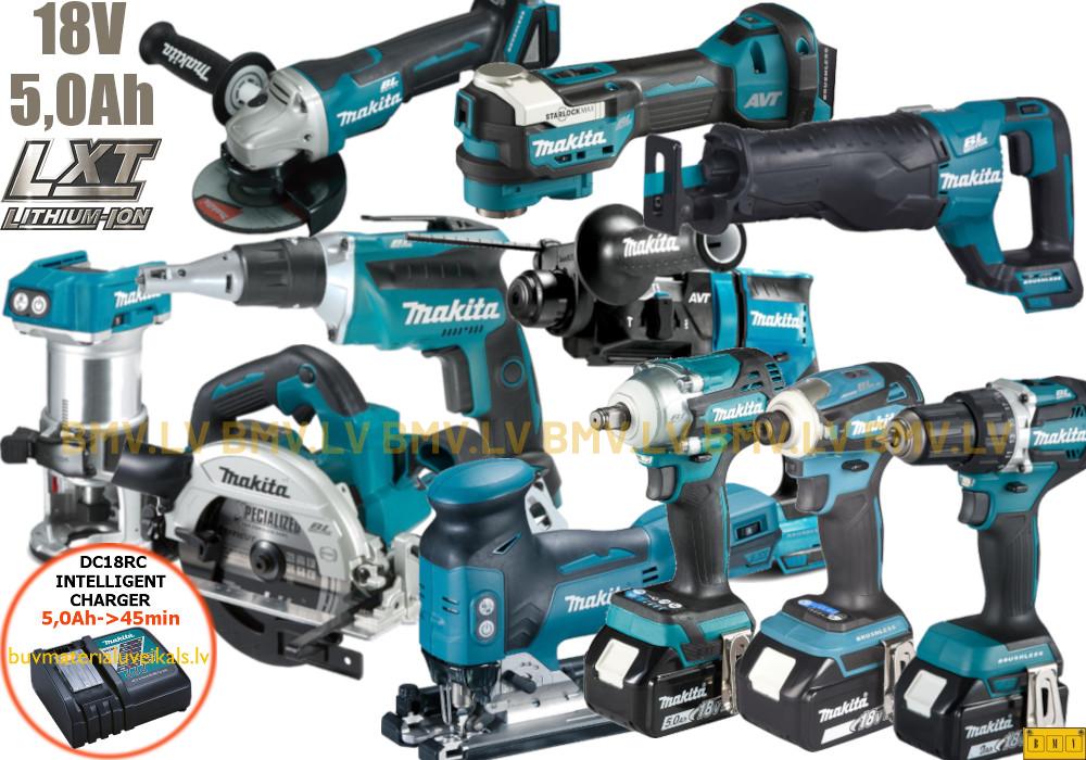 Komplekts Makita DLX1114T DDF484 + DTD172 + DHS660 + DGA508 + DHR182 + DJV181 + DJR187 + DTM52 + DRT50 + DTW300 + DFS452 (3x5,0Ah)