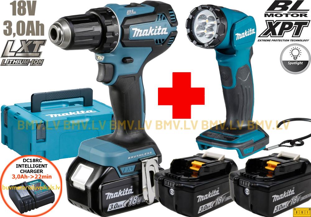 Komplekts Makita DLX2349J DDF485 + DML815 18V (3x3.0Ah)