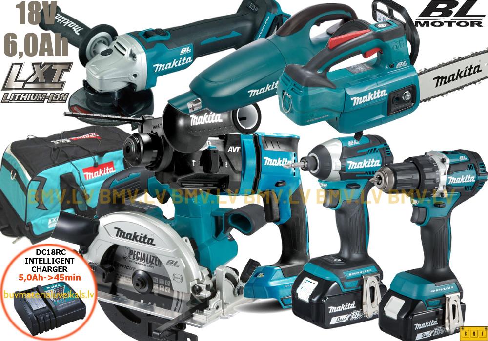 Komplekts Makita DLX7017GX1 DDF484 + DTD154 + DHS660 + DGA506 + DHR182 + DUC254 + DCL180 (2x6,0Ah)