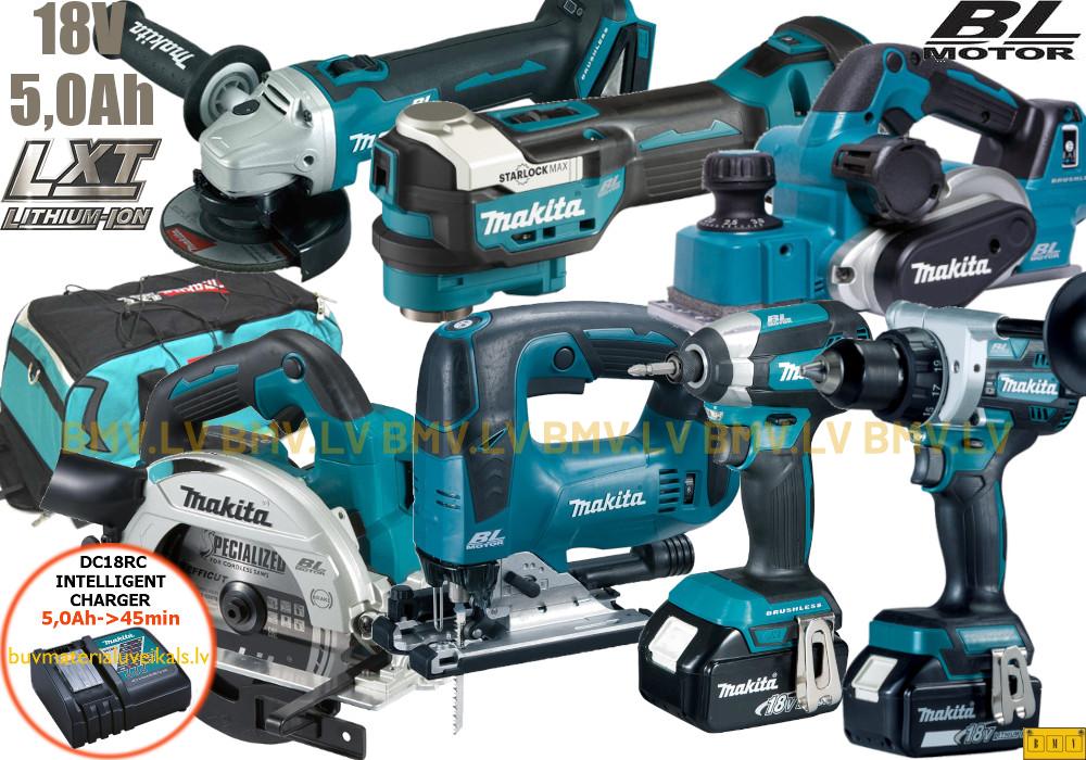 Komplekts Makita DLX7019TX1 DDF486 + DTD153 + DGA504 + DHS660 + DJV182 + DKP181 + DTM52 18V (2x5.0Ah)