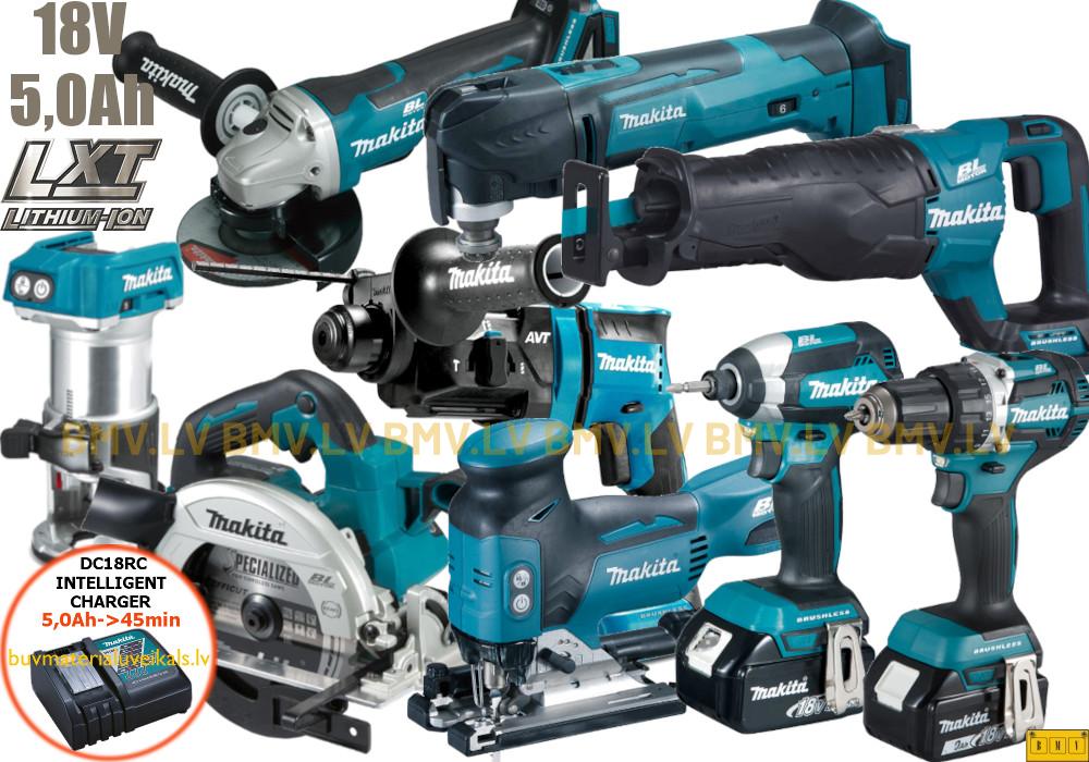 Komplekts Makita DLX9009T DDF484 + DTD153 + DHS660 + DGA508 + DHR182 + DJV181 + DJR187 + DTM51 + DRT50 (3x5,0Ah)