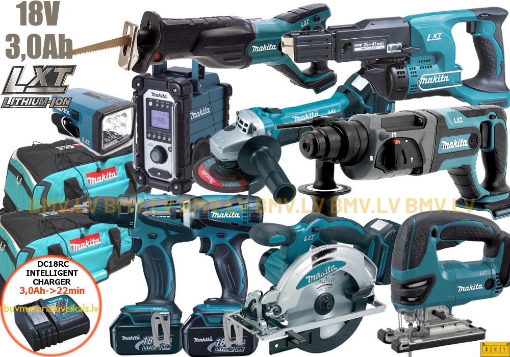 Komplekts Makita LXT1000 DDF456 + DTD146 + DHR241 + DSS610 + DGA452 + DJR181 + DML186 + DFR450 + DJV180 + DMR102 18V (4x3.0Ah)